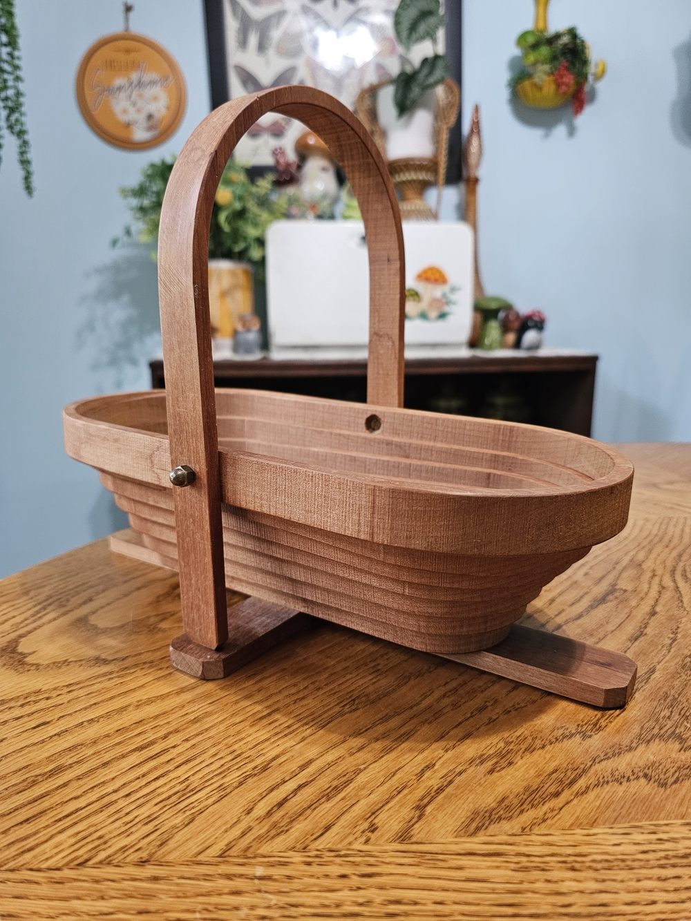 Vintage Collapsible Wooden Basket Bowl Trivet MCM Boho Cottagecore
